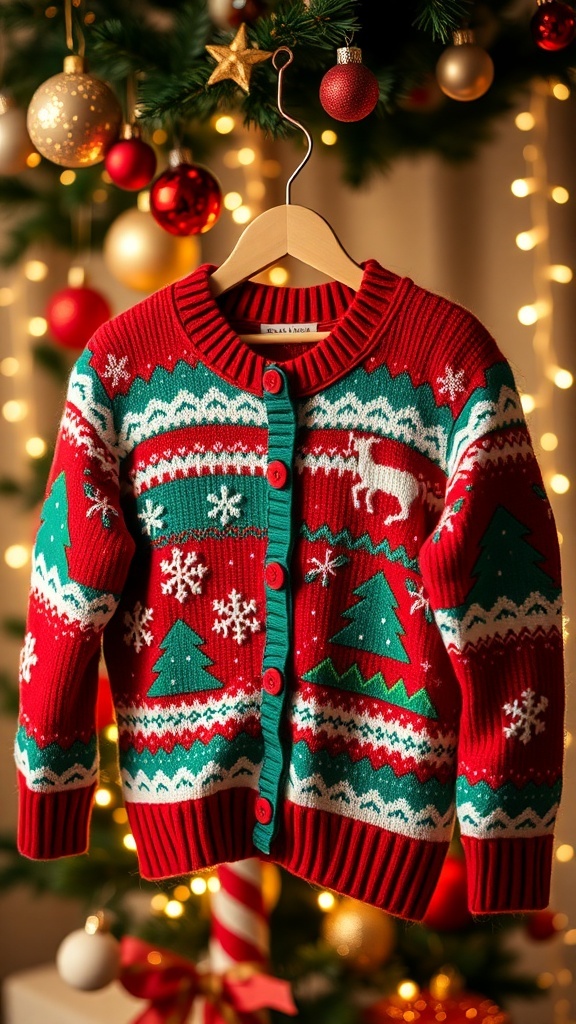 A vibrant ugly Christmas sweater with festive designs, hanging against holiday decorations.